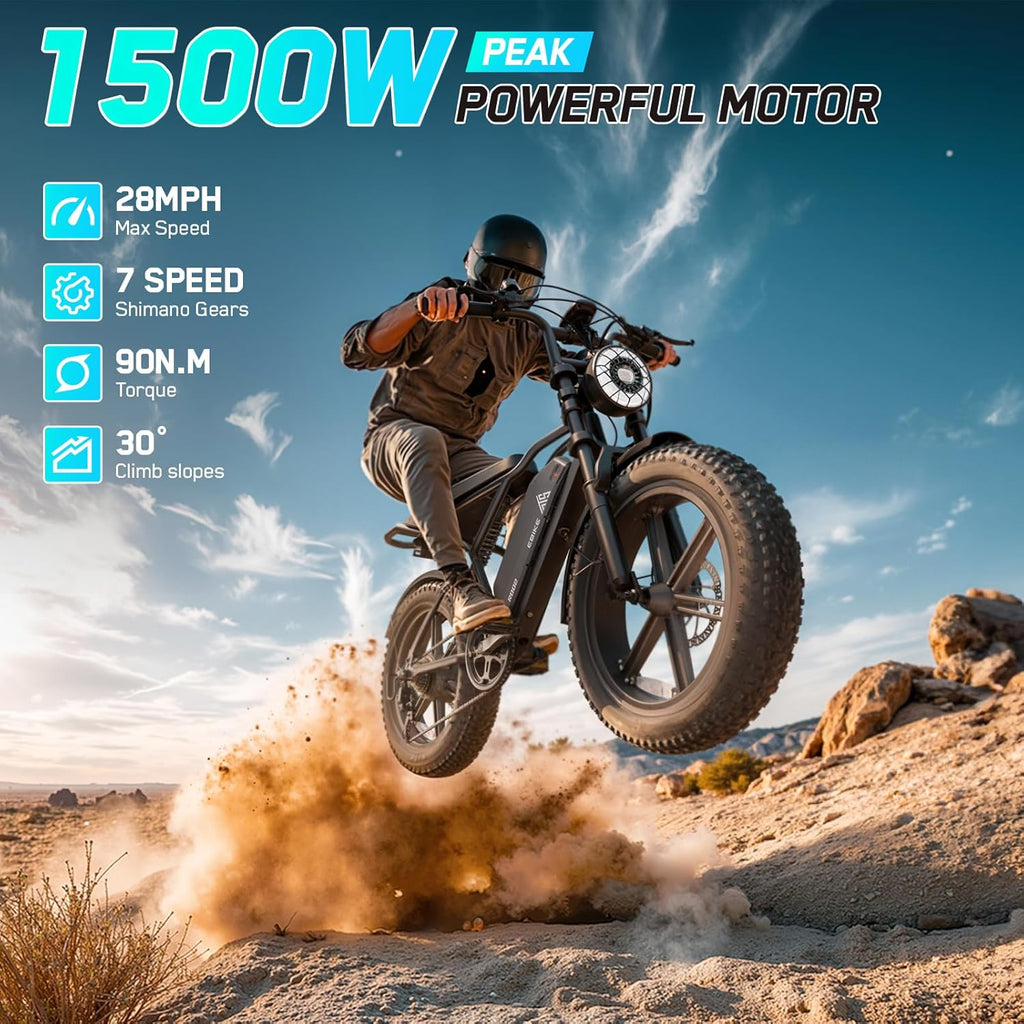 Electric Bike for Adults, 1500W Peak Brushless Motor 28 MPH 60 Miles/110 Miles Fat Tire E Bike with 48V 15Ah/ 25Ah Removable Battery 20" Electric Dirt Bike Hydraulic Suspension and 7-Speed