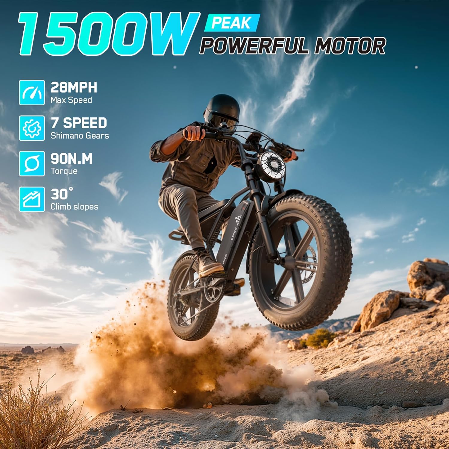 Electric Bike for Adults, 1500W Peak Brushless Motor 28 MPH 60 Miles/110 Miles Fat Tire E Bike with 48V 15Ah/ 25Ah Removable Battery 20" Electric Dirt Bike Hydraulic Suspension and 7-Speed