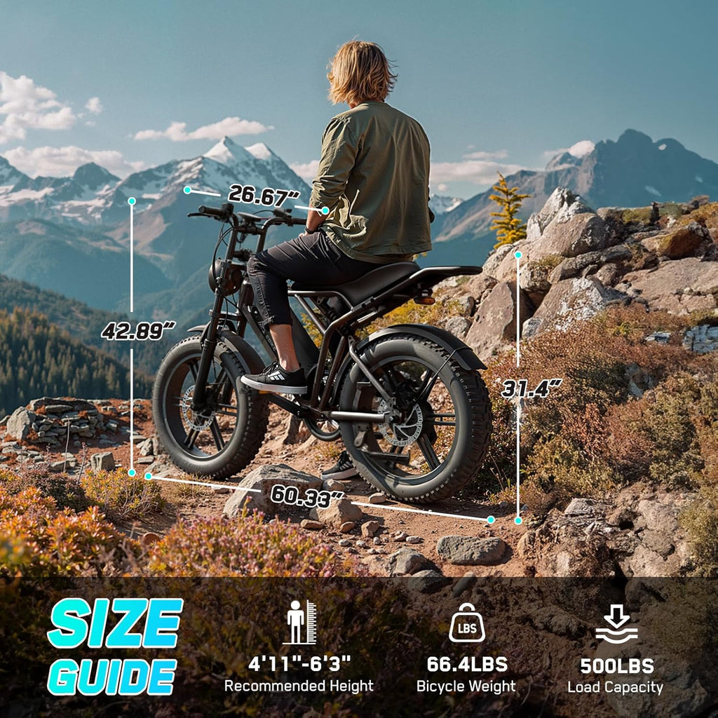 Electric Bike for Adults, 1500W Peak Brushless Motor 28 MPH 60 Miles/110 Miles Fat Tire E Bike with 48V 15Ah/ 25Ah Removable Battery 20" Electric Dirt Bike Hydraulic Suspension and 7-Speed